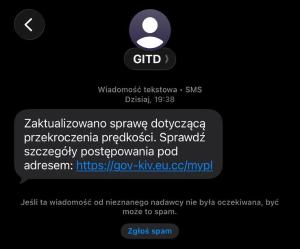 Zdjęcie prezentujące treść fałszywego SMSa z linkiem